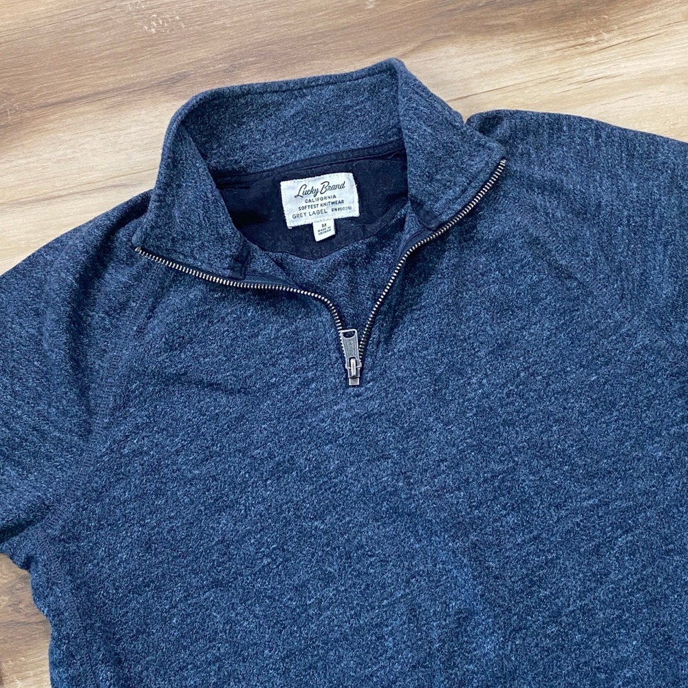 Lucky Brand Quarter Zip Pullover Size M Soft Knit 100% Cotton Blue Marl Sweater